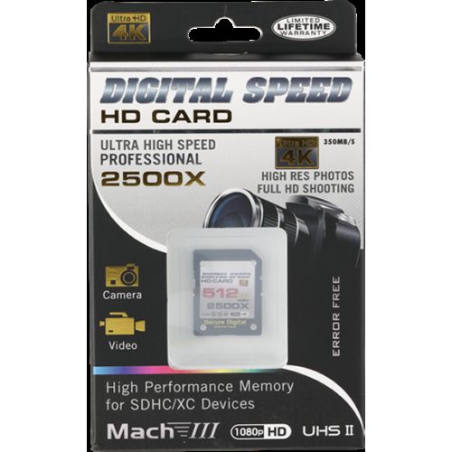 Digital Speed 2500X 512GB Professional High Speed Mach III 350MB/s Error Free (SDHC) HD Memory Card Class 10